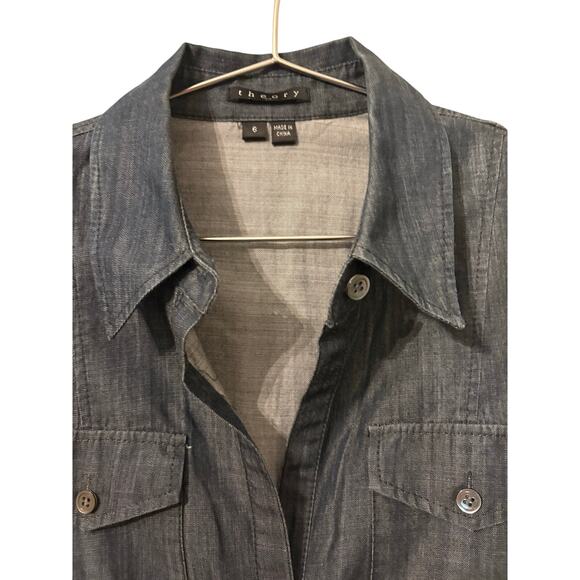 Theory Dark Blue Cotton Chambray Tabbed Sleeve A Line Button Front Dress S - Picture 2 of 7